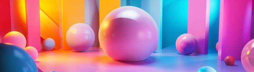 Obraz premium Colorful abstract geometric background with large and small spheres and vibrant lighting in a futuristic setting.