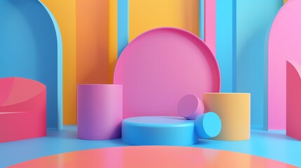 Colorful abstract geometric shapes in modern art style, showcasing vibrant blue, pink, and yellow hues in a 3D rendered composition.