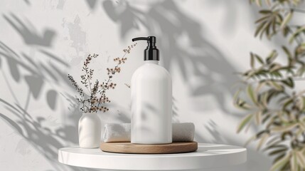 Cosmetic packaging mock-up of a body lotion bottle with natural elements as props