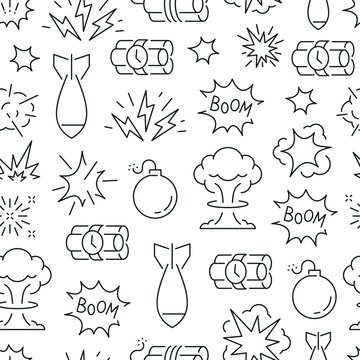Seamless pattern with explosion and bombs. Black and white thin line icons