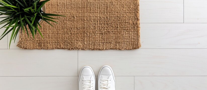 Designer Welcome Entry Doormat Placed on White Floor with White Shoes. Copy space image. Place for adding text and design