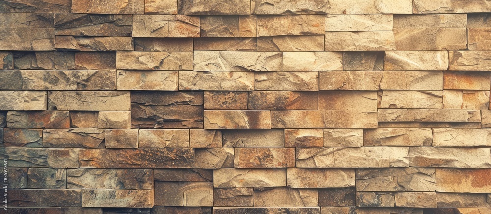 Poster rock stone brick tile wall has a detailed background texture sepia cream brown color stacked in laye