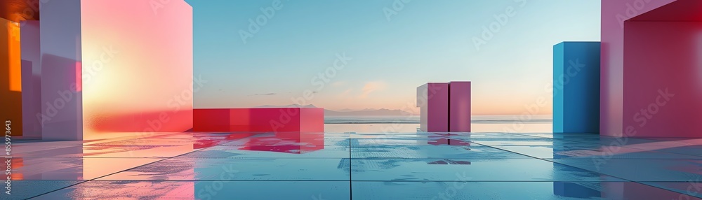 Poster modern abstract architectural structure with colorful geometric shapes reflecting on a glossy surfac
