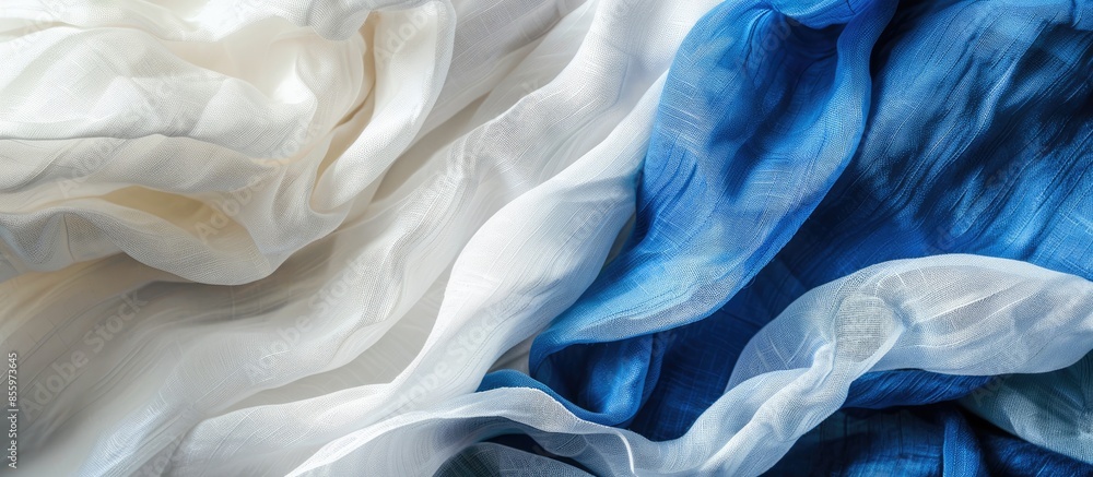 Poster white and blue textile on white textile. copy space image. place for adding text and design