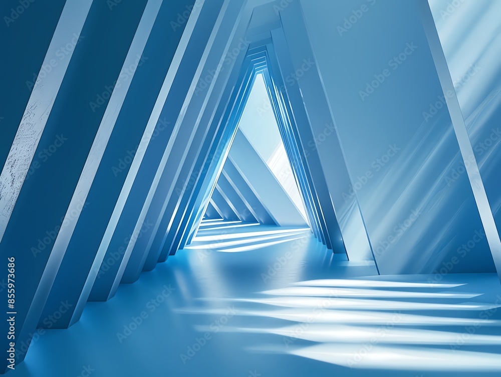 Poster modern abstract triangular hallway with blue geometric shapes and light patterns, creating a futuris