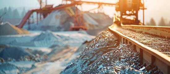 Conveyor belt moves ore from the quarry for processing. Blurred foreground. Copy space image. Place for adding text or design