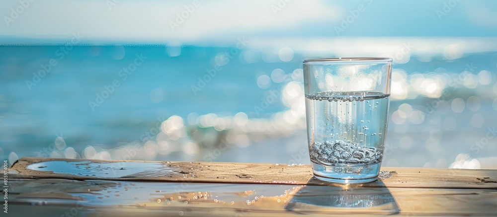 Poster drinking water on table is beach background. copy space image. place for adding text and design