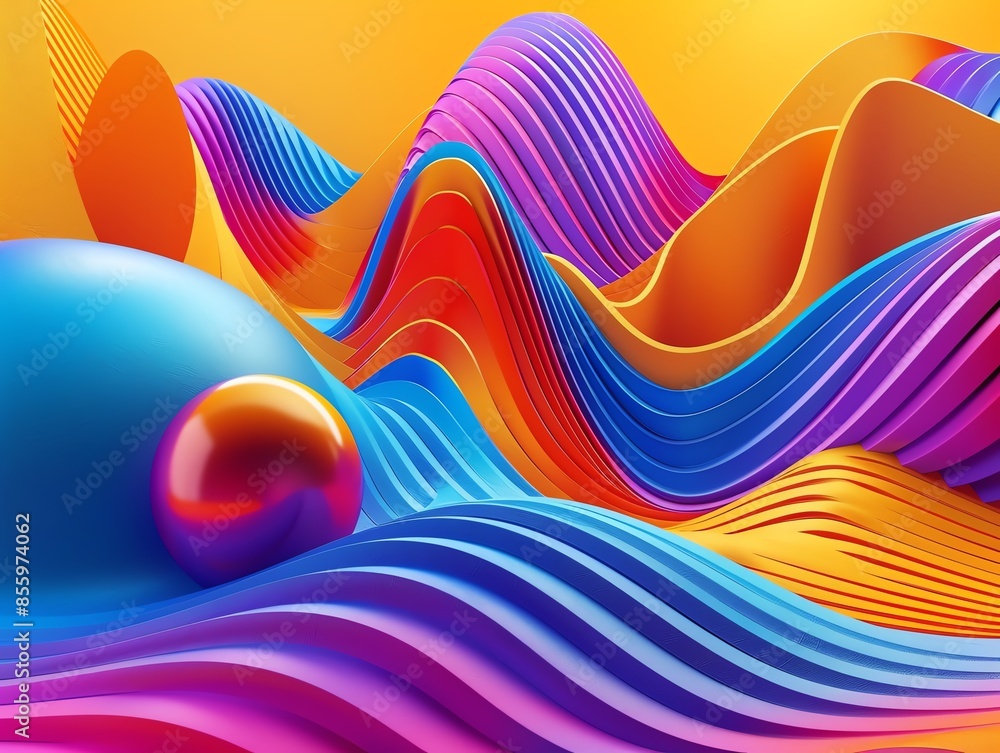 Poster vibrant abstract digital art. multicolored 3d waves and spheres creating a dynamic, modern, and visu