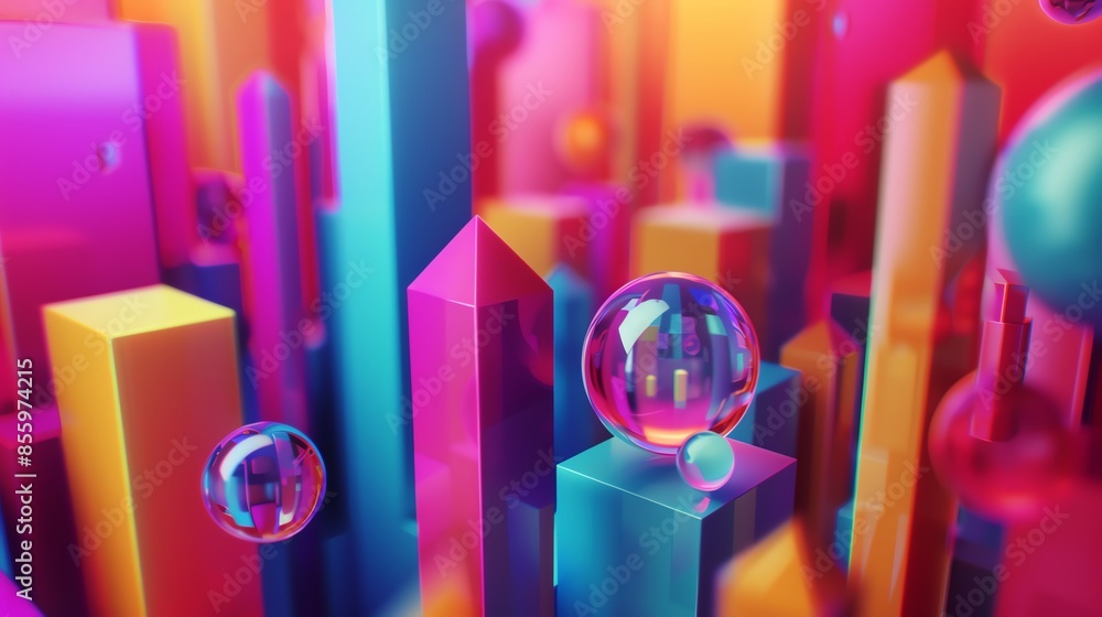 Poster vibrant abstract scene with colorful 3d shapes and floating spheres, creating a playful, futuristic 