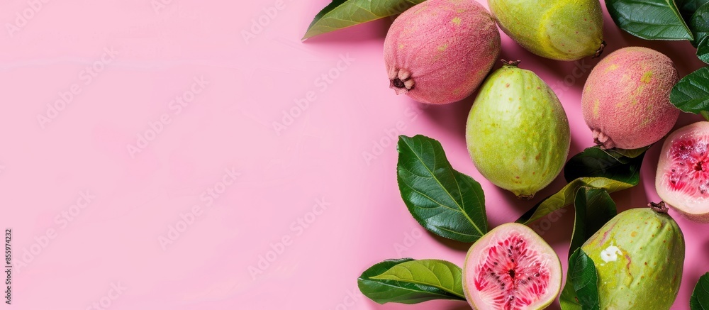 Poster guavas on pastel background fruit guava isolated nature. copy space image. place for adding text and