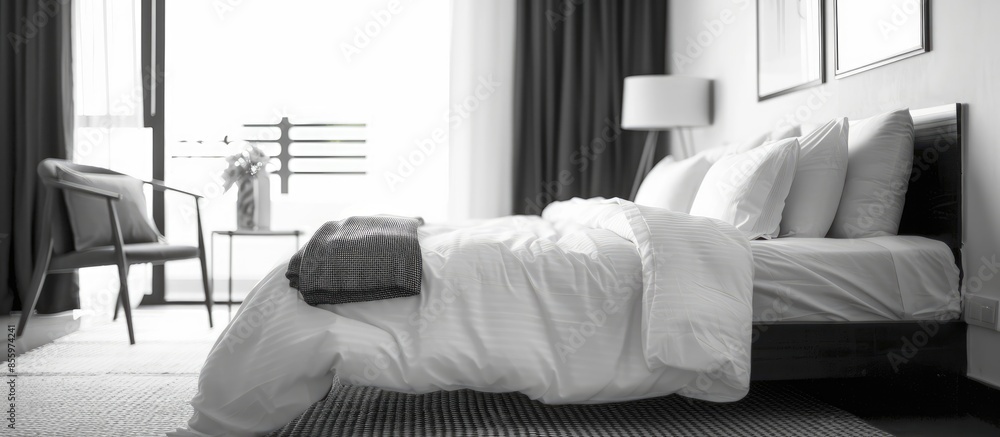 Aufkleber blurred bedroom with modern bedroom in black and white color tone. copy space image. place for addin