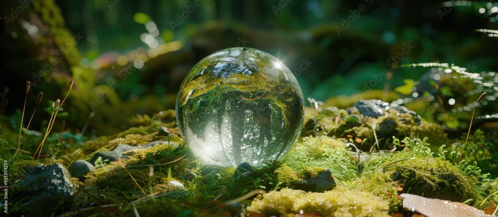 Poster crystal globe resting on moss in a forest - environment concept. copy space image. place for adding 