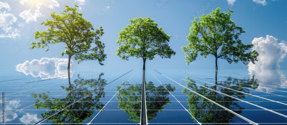 Poster green trees and blue sky reflection on solar panels. go green with renewable energy!. copy space ima
