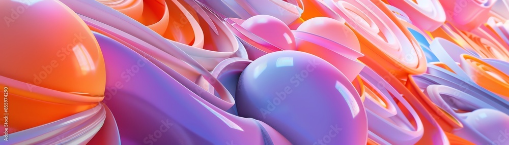 Poster vibrant and colorful abstract 3d shapes with smooth, fluid forms in orange, purple, pink, and blue, 