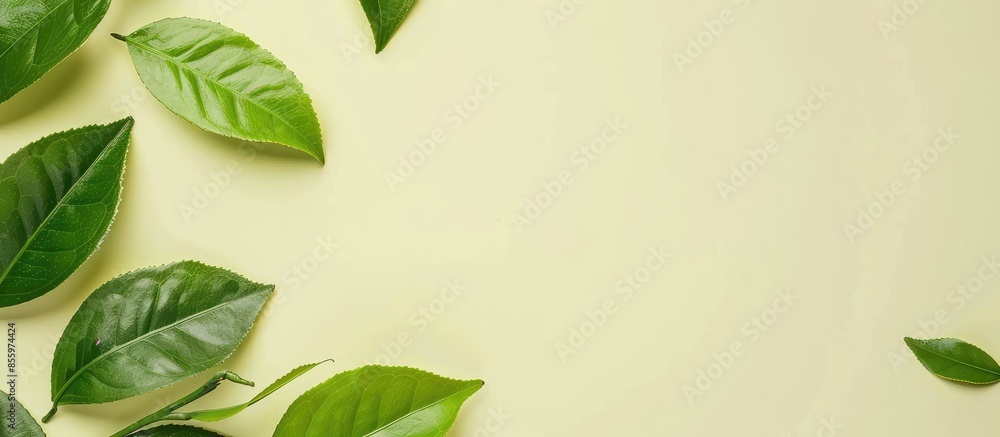 Poster green tea with leaf isolated on pastel background. food. copy space image. place for adding text and
