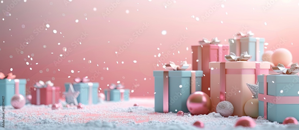 Poster christmas presents and boxes on pastel background christmas. copy space image. place for adding text
