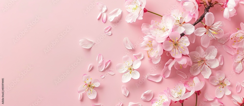 Poster cherry flower isolated on pastel background flower. copy space image. place for adding text and desi