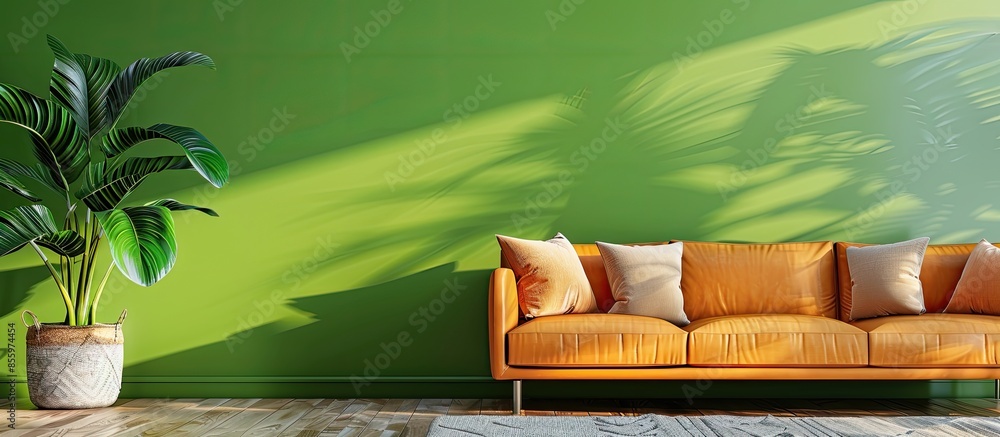 Poster modern decorative living room green detail wall background and computer design. copy space image. pl