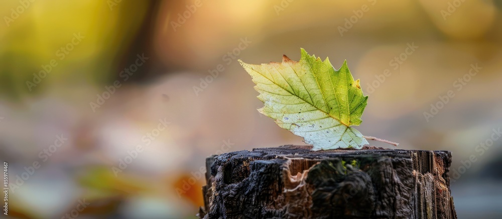 Poster green leaf white sounded on the stump placed on a pastel background. copy space image. place for add