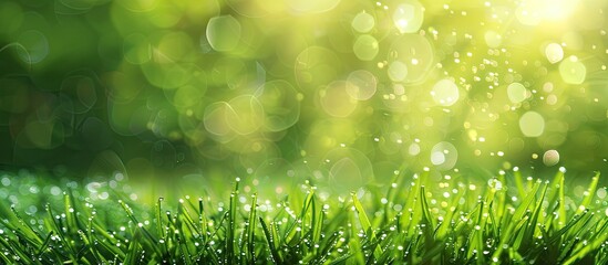 Obraz premium Fresh morning dew on a spring grass in early morning. Sunny day concept. Natural background. Copy space image. Place for adding text or design