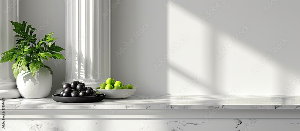 Poster flowerpot with plant placed on white windowsill with columns and plate with green and black grapes o