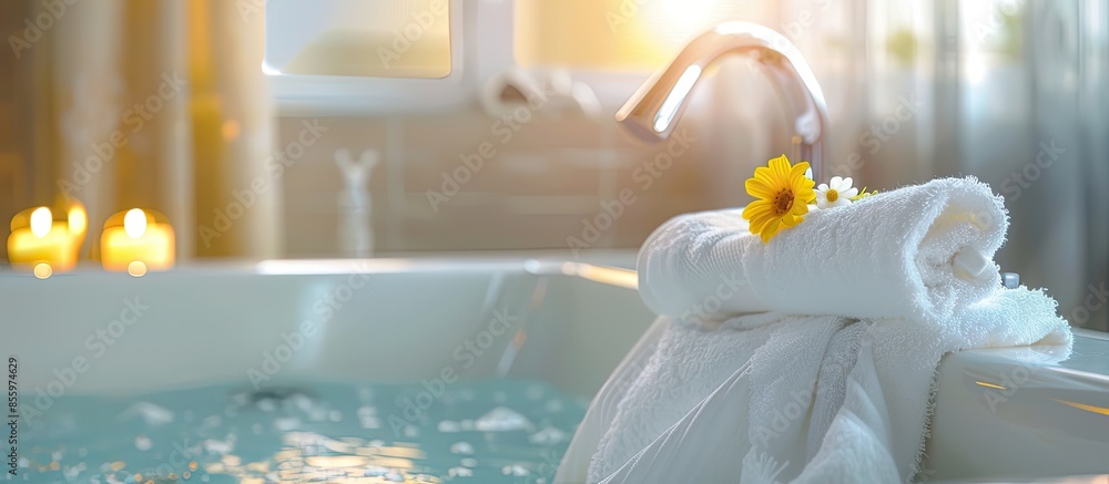 Poster towel hanging over a bathtub. copy space image. place for adding text and design