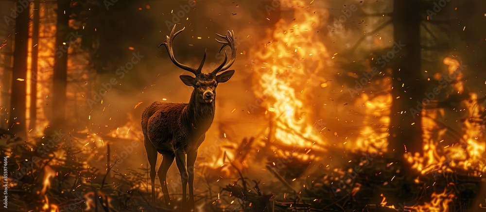 Poster deer on a background of burning forest. wild animal in the midst of fire and smoke. copy space image