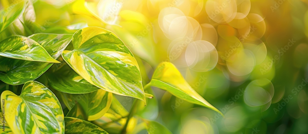 Poster close up of pothos plant in the garden. copy space image. place for adding text and design