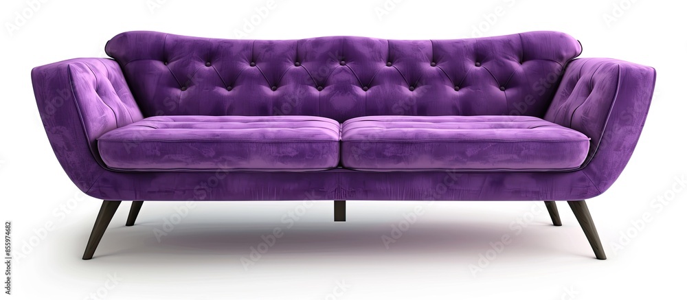 Poster purple fabric angular sofa on dark wooden legs isolated on white background. series of furniture. co