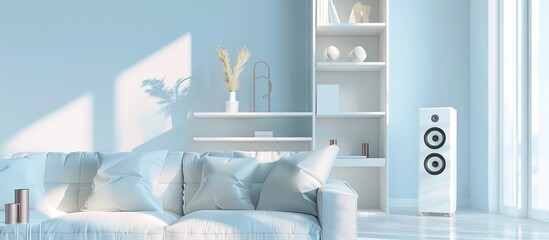 a living room with a couch and white shelf and speakers, in the style of light sky-blue and gold, soft-focus, white background, digitally enhanced, soft pastel colors, nintencore