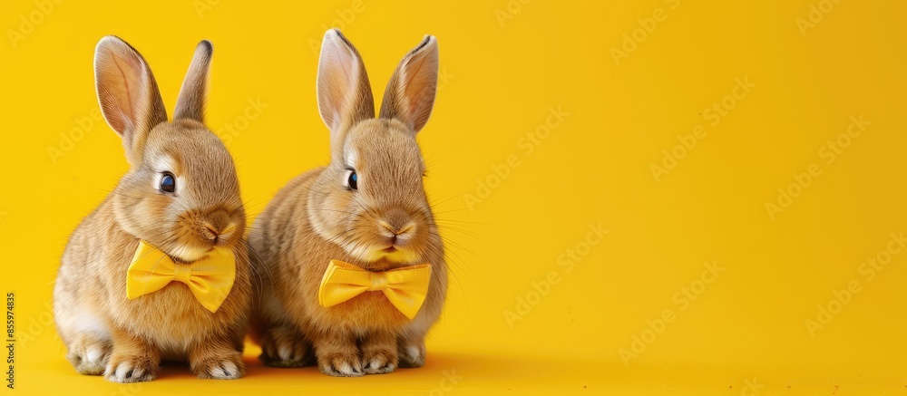 Poster two cute rabbits on a bright yellow background in a bow. funny animal. copy space image. place for a