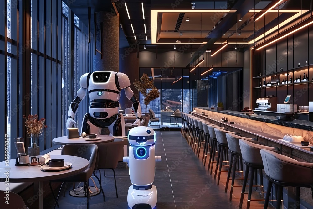 Leinwandbilder two ai-powered robots serving customers in a modern restaurant setting. the robots are sleek and eff