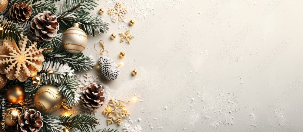 Poster beautiful christmas tree with decor on light background. copy space image. place for adding text and