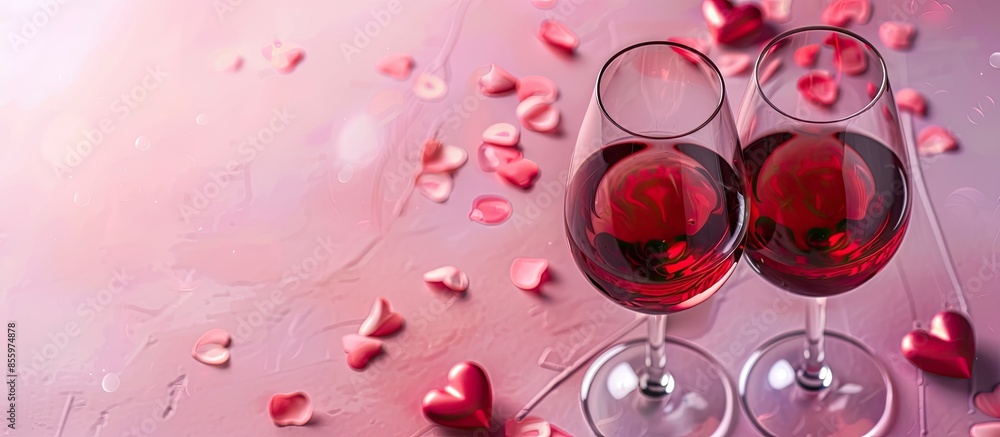 Poster red wine and heart, dating concept. pastel background. copy space image. place for adding text and d