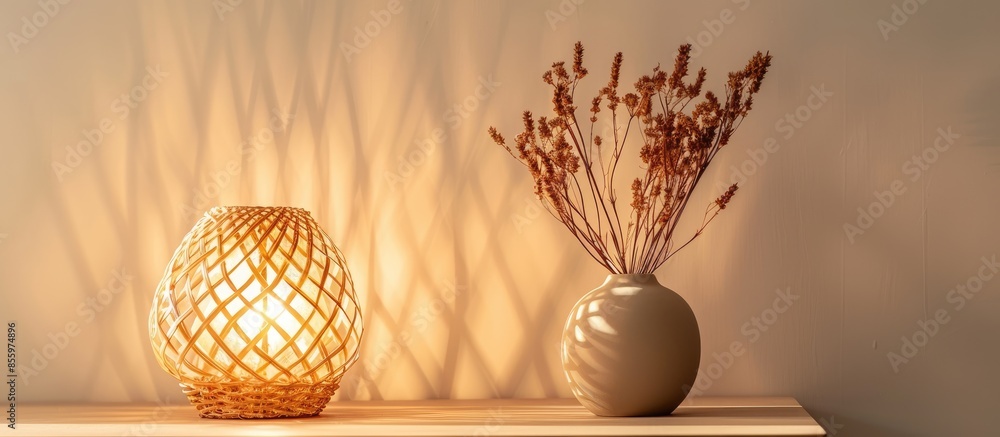 Poster a beautiful woven woolen lamp on the table. copy space image. place for adding text and design