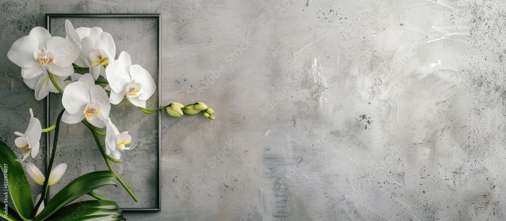 Aufkleber square frame mockup with white orchid flower over grey wall. copy space image. place for adding text