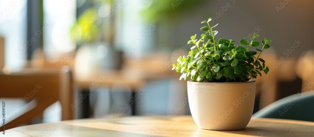 Poster a potted plant on a table in a cafe. beautiful image. copy space image. place for adding text and de