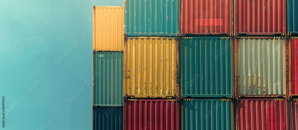 Poster industrial container cargo freight ship, forklift handling container box loading for logistic import