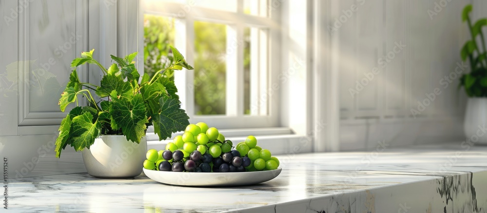 Poster flowerpot with plant placed on white windowsill with columns and plate with green and black grapes o