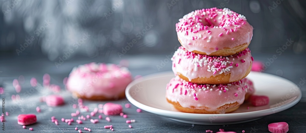 Poster stack of pink doughnuts on the plate. valentine's day concept. copy space image. place for adding te