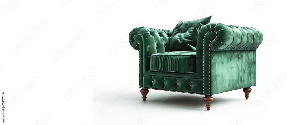 Poster fabric armchair sofa in a modern style. velvet material . copy space image. place for adding text an