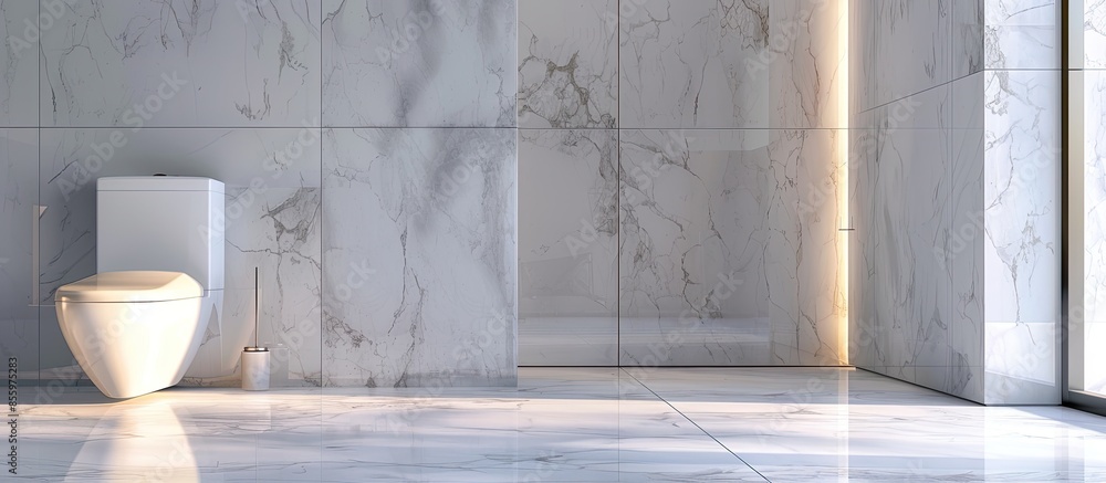 Poster marble clean washroom with toilet seat and shower space. copy space image. place for adding text and