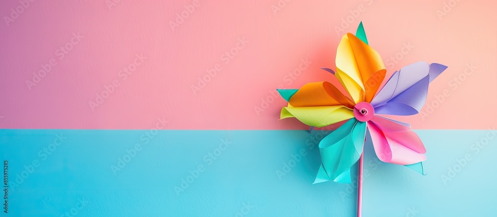 Poster toy pinwheel on pastel background paper pinwheel toy. copy space image. place for adding text and de
