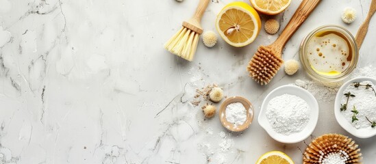 Zero waste kitchen cleaning concept. Eco friendly natural cleaning tools and products, bamboo dish brushes and lemon with baking soda. No plastic, eco-friendly lifestyle. Top view, flat lay