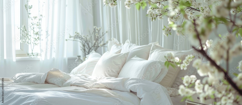 Poster cozy bed with many pillows and blooming tree branches on bedside table. copy space image. place for 