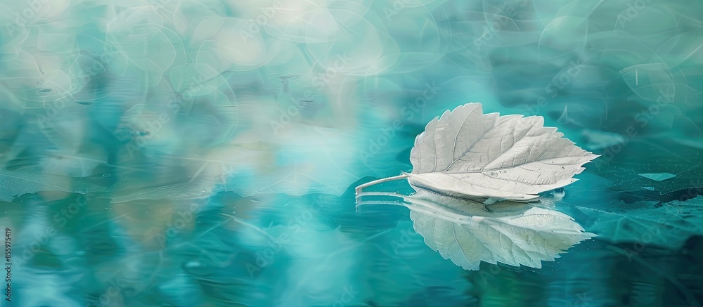 Poster white transparent leaf on mirror surface with reflection on turquoise background macro. artistic ima