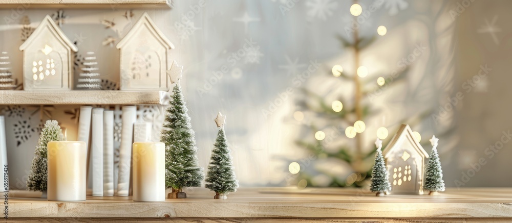 Poster shelving unit with house shaped candle holders, christmas trees and books near light wall. copy spac