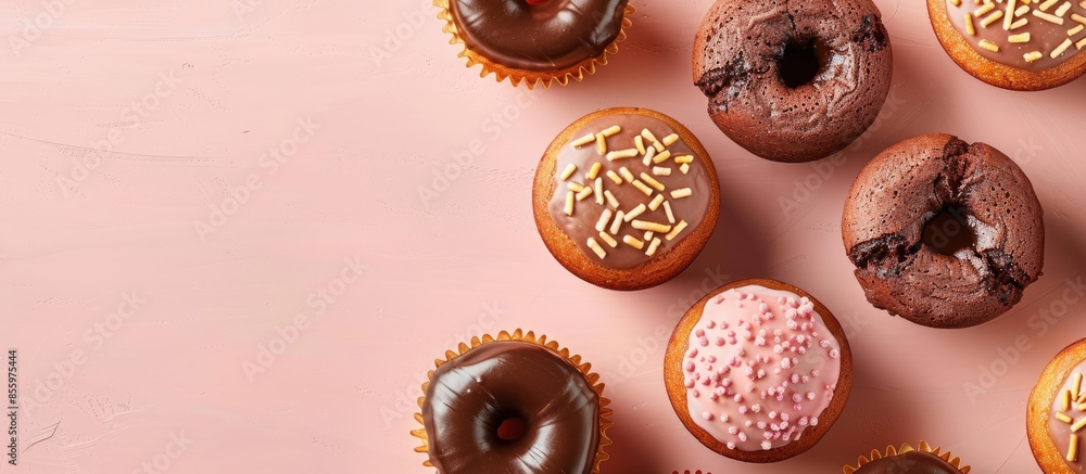 Poster glazed donuts and muffins on pastel background isolated. copy space image. place for adding text and