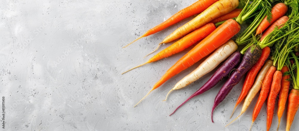 Poster multicolored home grown fresh organic carrots arranged in size on a light gray background. copy spac