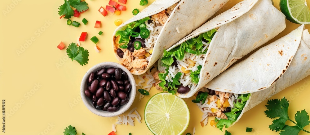 Poster chicken burrito with rice and black beans on pastel background. copy space image. place for adding t
